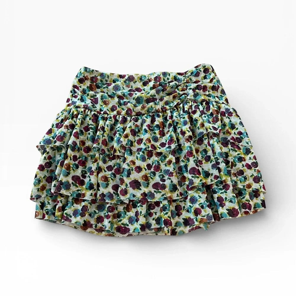 Zara Girls Size 7 Floral Ruffle Skirt |‎ Teal Magenta Purple | Elastic Waist